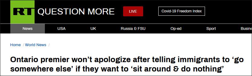 “不工作就走”移民言论引发争议，安大略省省长拒绝道歉
